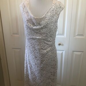 Sleeveless Lace Cowl Neck Midi Dress in Ivory